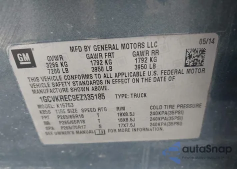 2014 Chevrolet Silverado 1500 2Lt from USA, damaged, VIN 1GCVKREC9EZ335185